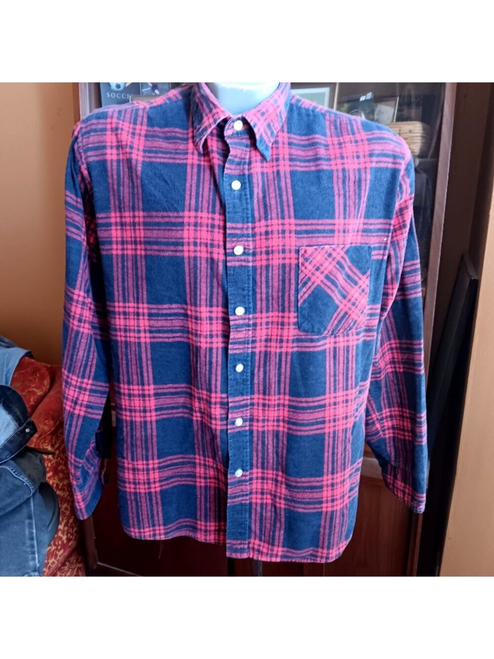 Vintage Large Flannel Skater Shirt 90s American Edition Red Navy Plaid Deck Indy